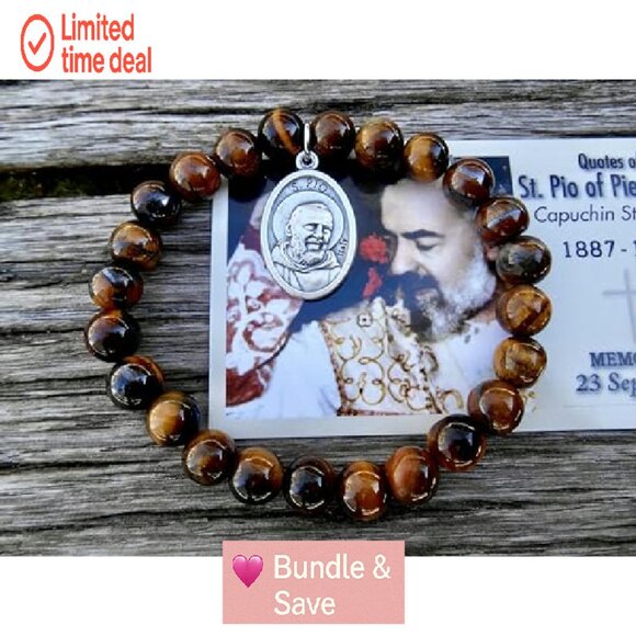 Stretch Tiger Eye Saint Pio Healing Bracelet Size Medium 7 Inch - Picture 6 of 8